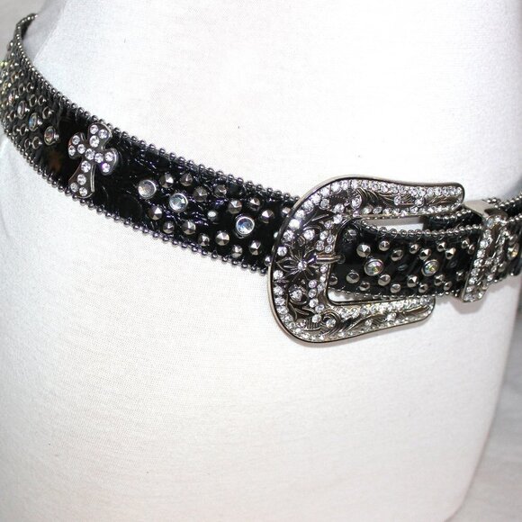 Western Black Bling Cross Belt & Buckle Clear Crystal Accent Genuine Leather SM main image 10